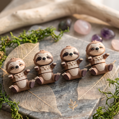 Quatre modèles de paresseux articulés bruns et crème sur un décor végétal