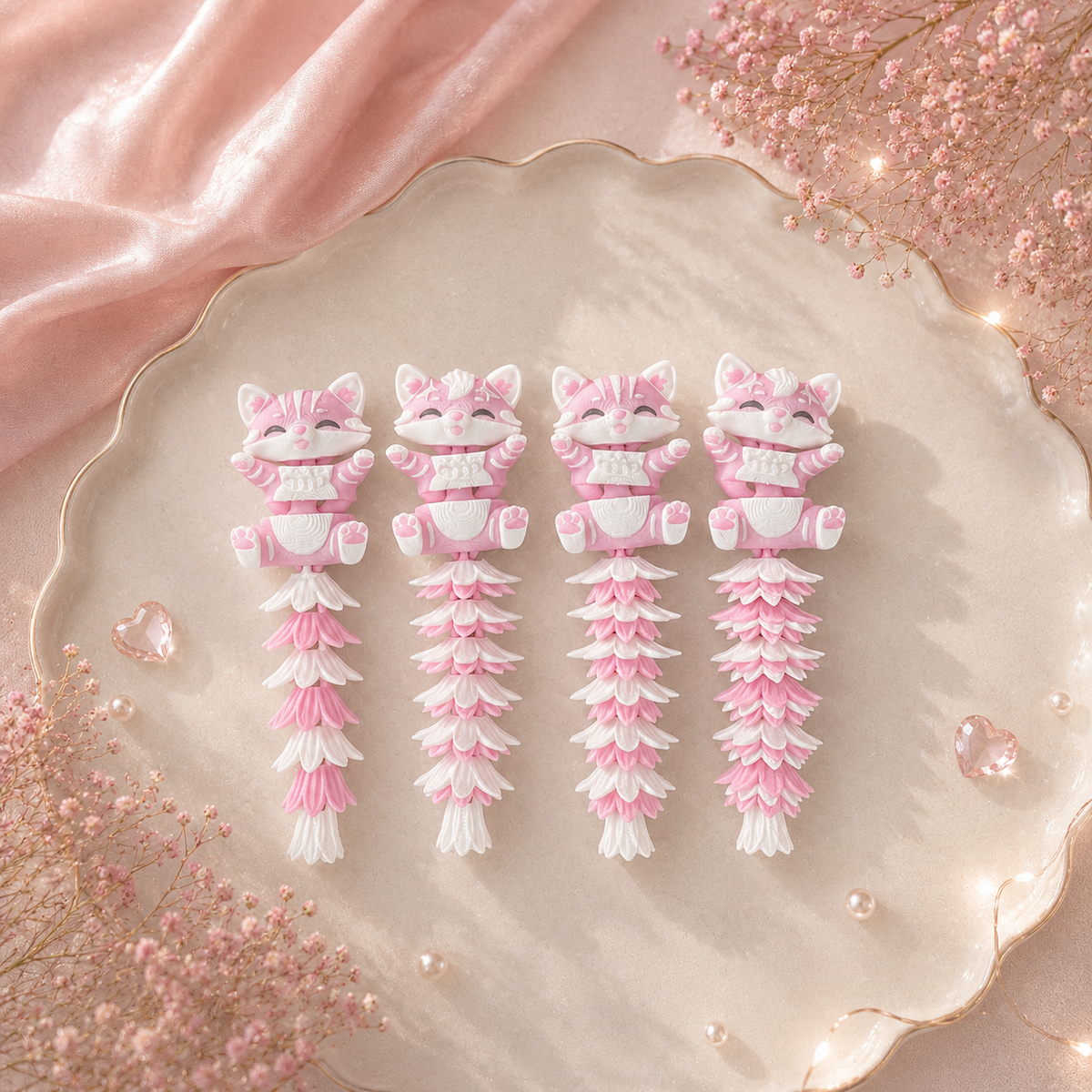 Les quatre variations de queues Fluffy pour chats articulés roses et blancs
