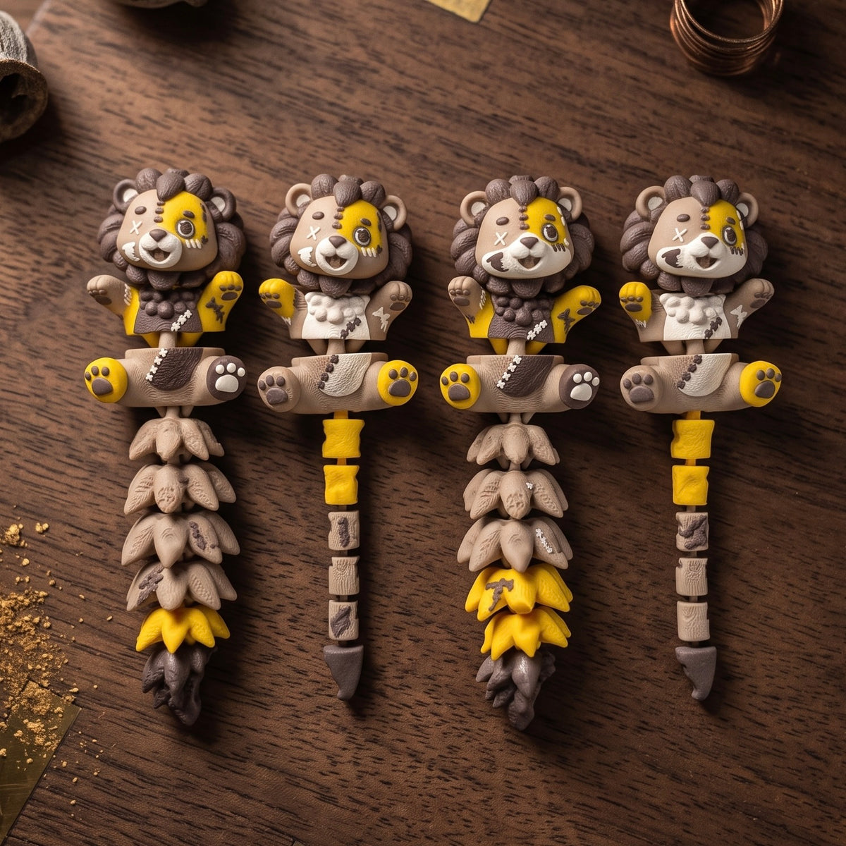 Les quatre variantes de lions articulés Halloween alignées