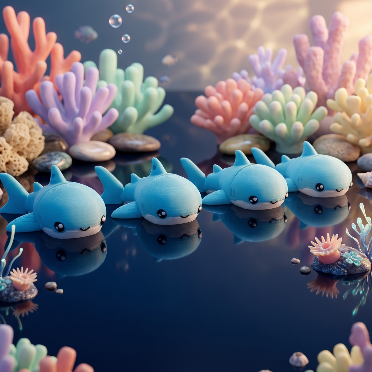 Quatre requins articulés bleus kawaii dans un décor marin coloré