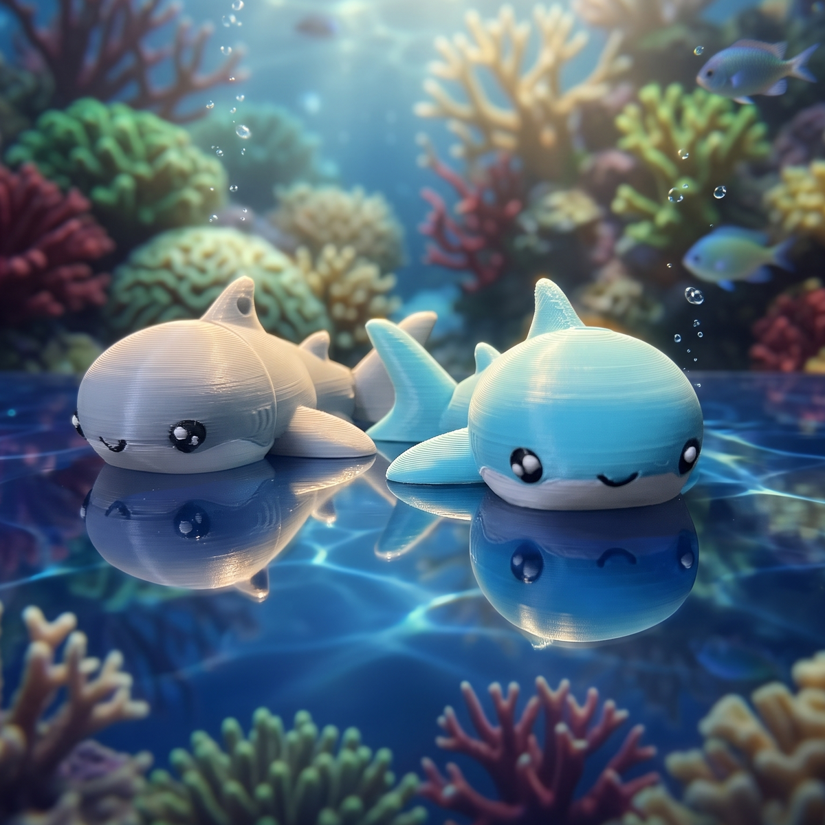 Deux requins articulés kawaii bleu et gris dans un décor de récif sous-marin