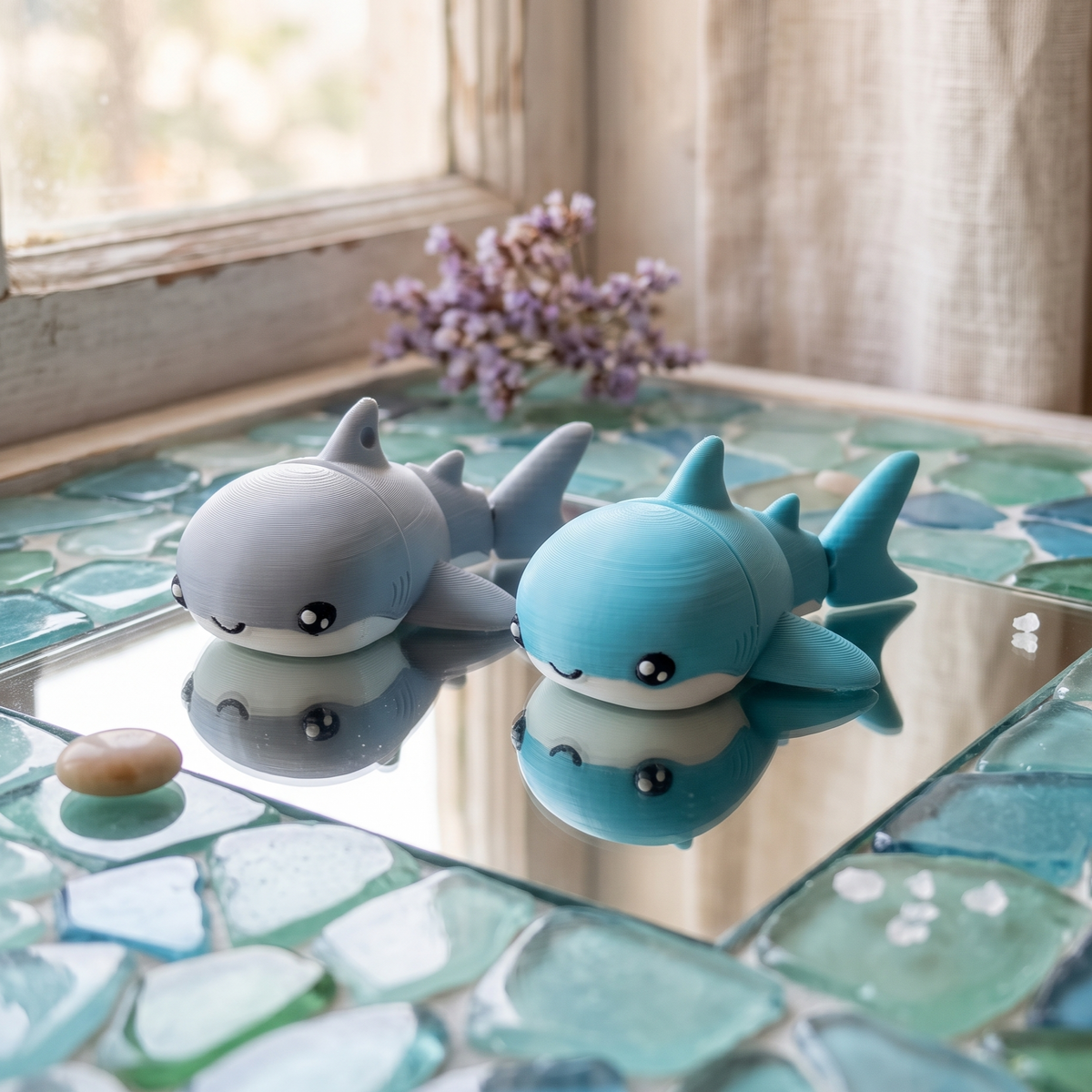 Requins kawaii articulés bleu lagon et gris sur une mosaïque effet miroir