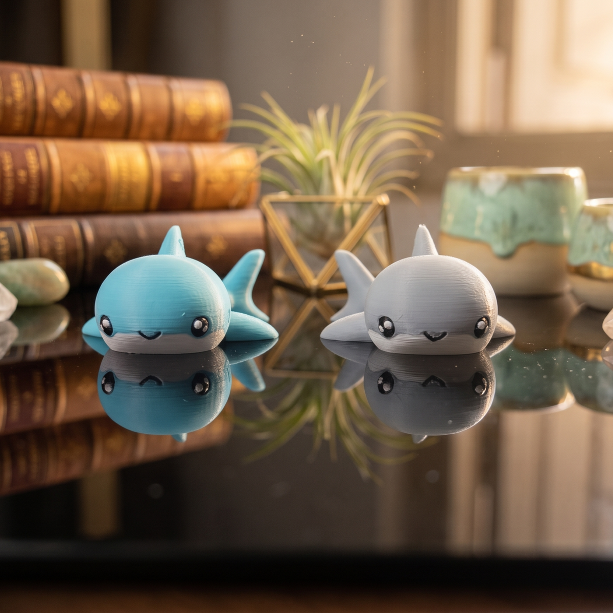 Deux porte-clés requins kawaii bleu et gris avec grands yeux brillants