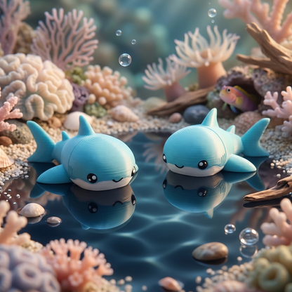 Deux requins flexibles bleus kawaii entourés de coraux et de coquillages
