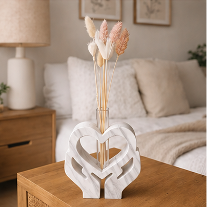 Soliflore mains cœur en jesmonite blanc et doré avec fleurs séchées – décoration artisanale Epoxy Kawaii