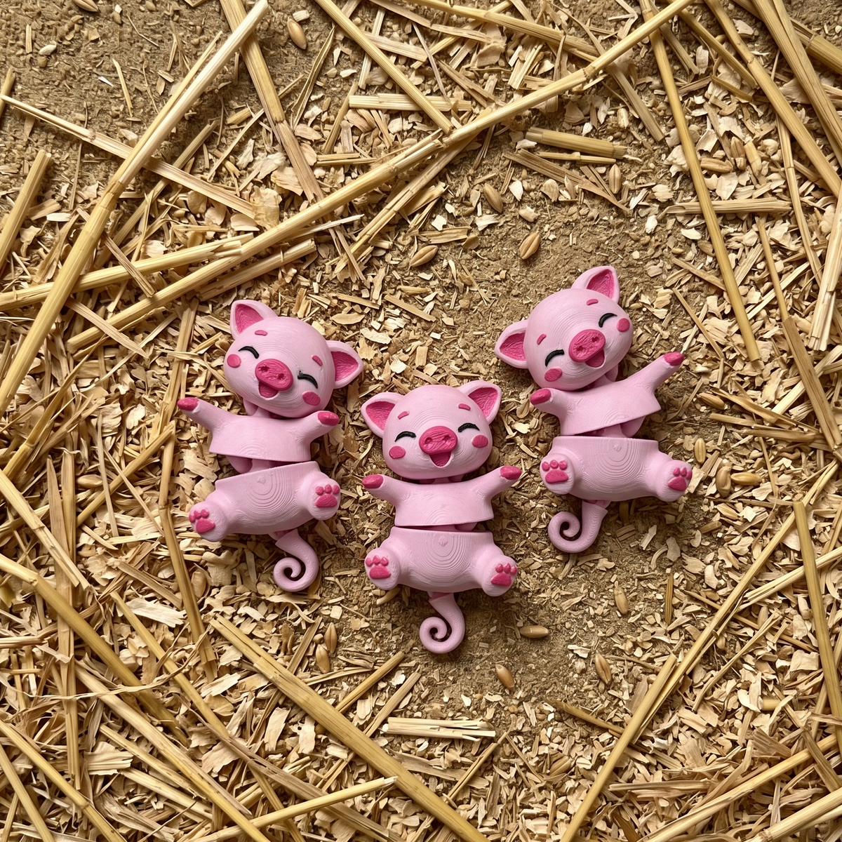 Trois cochons flexibles roses présentés dans un décor naturel