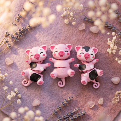 Trois modèles de cochons kawaii : rose uni, taches sur le corps et tache sur la tête