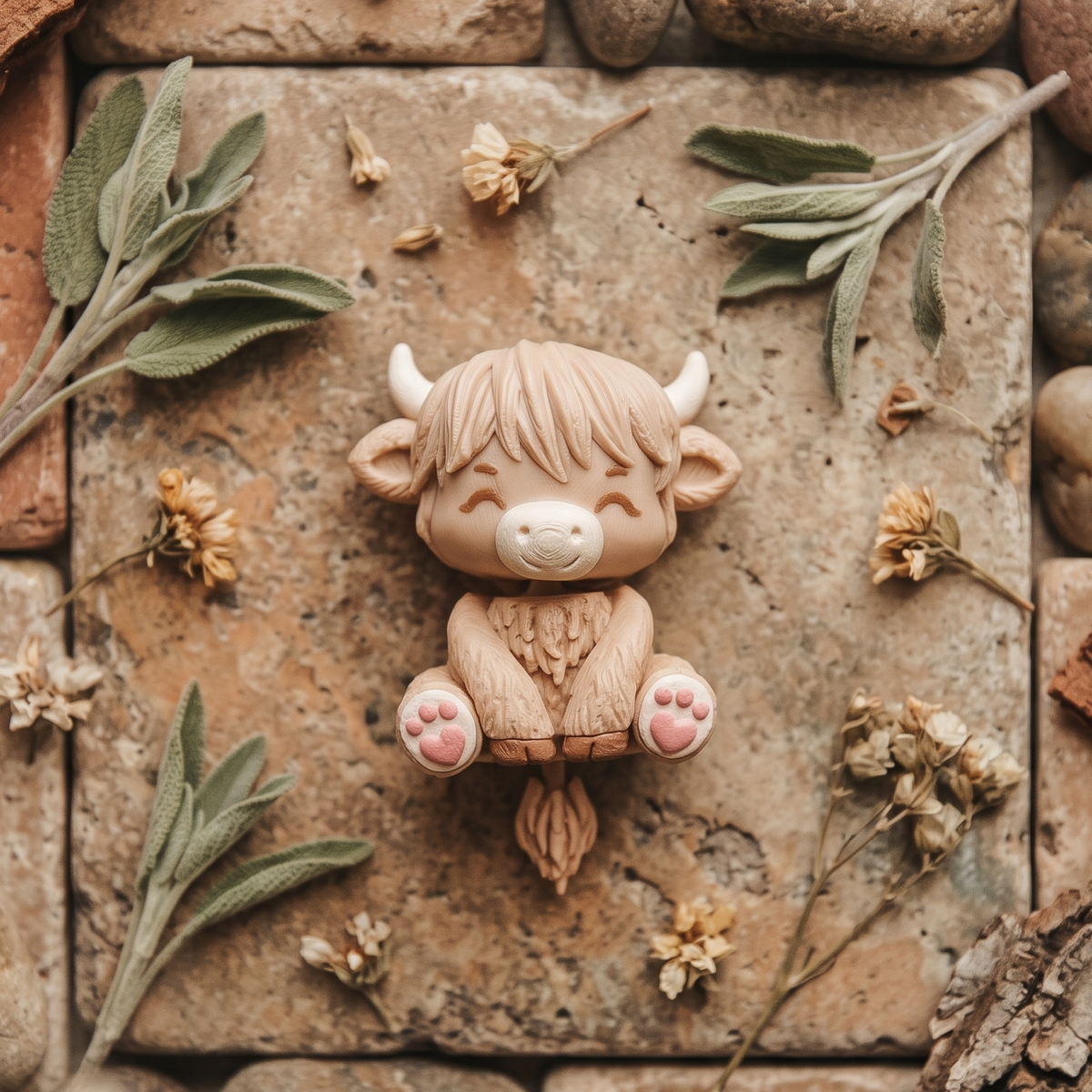 Porte-clés bébé vache Highland articulée couleur crème dans un décor naturel