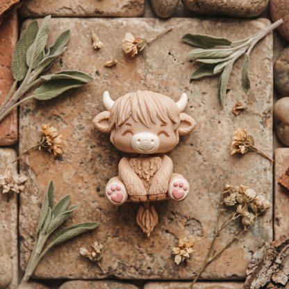 Porte-clés bébé vache Highland articulée couleur crème dans un décor naturel