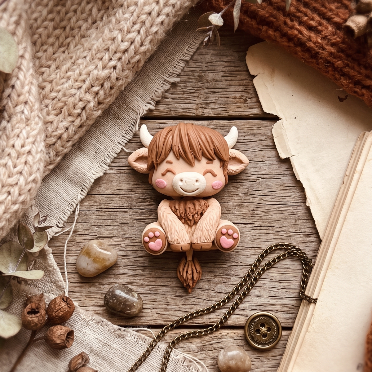 Bébé vache Highland articulé avec chaînette métallique sur un décor en bois