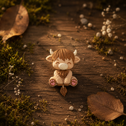 Bébé vache Highland articulé kawaii blond avec petites cornes et coussinets roses