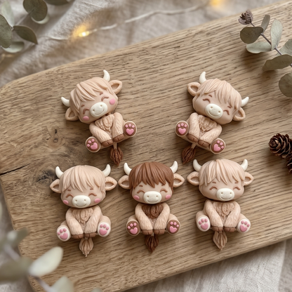 Collection de vaches Highland kawaii articulées dans plusieurs coloris naturels