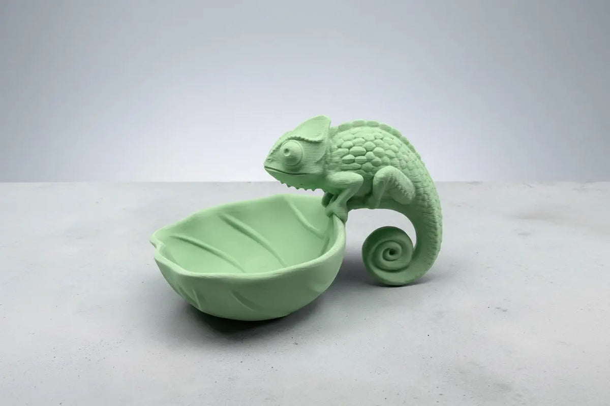 Vide-poche caméléon en impression 3D avec bol en forme de feuille verte pour rangement décoratif