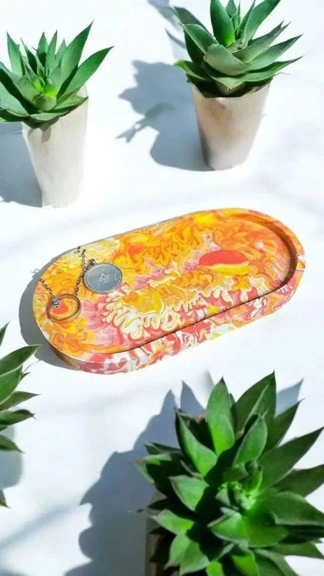 ☀️ Vide-Poche en Jesmonite – Dégradé Rouge, Jaune & Orangé Epoxy Kawaii