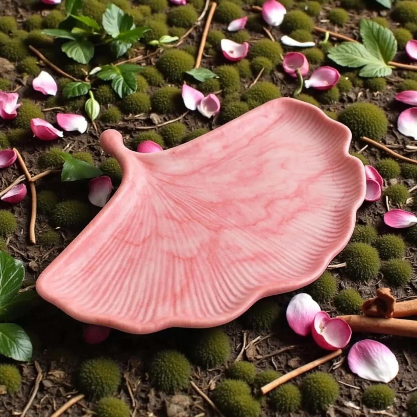 Vide-poche feuille de Ginkgo en Jesmonite rouge rosé marbré, fait main, élégant et décoratif