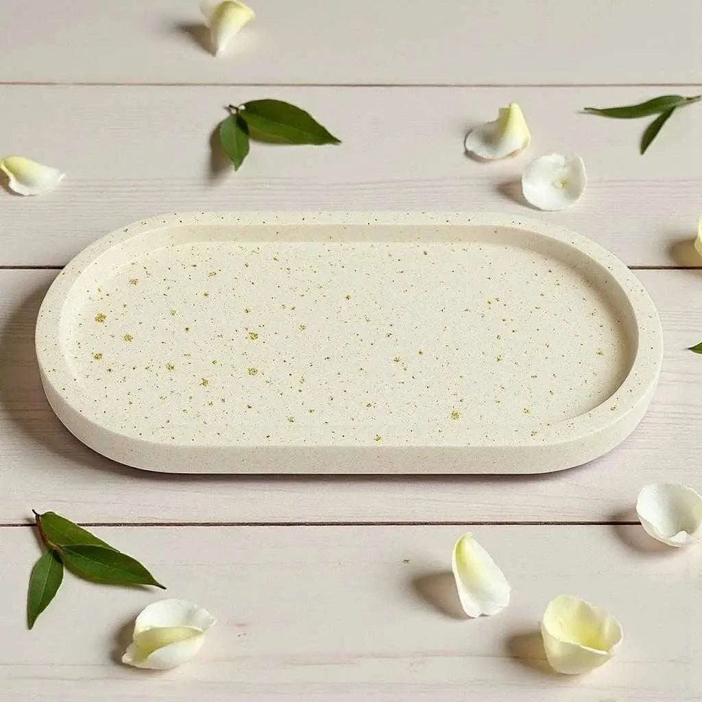 Vide-poche ovale blanc en jesmonite avec paillettes dorées scintillantes fait main