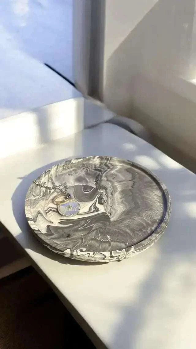 🖤 Vide-Poche Rond Marbré Noir, Blanc & Gris – Élégance minimaliste en Jesmonite Epoxy Kawaii