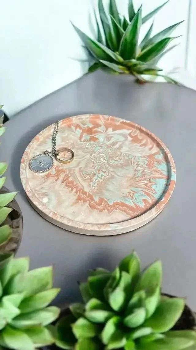 🌿 Vide-Poche Rond Marbré Vert, Marron & Beige – Esprit Nature & Élégance Epoxy Kawaii