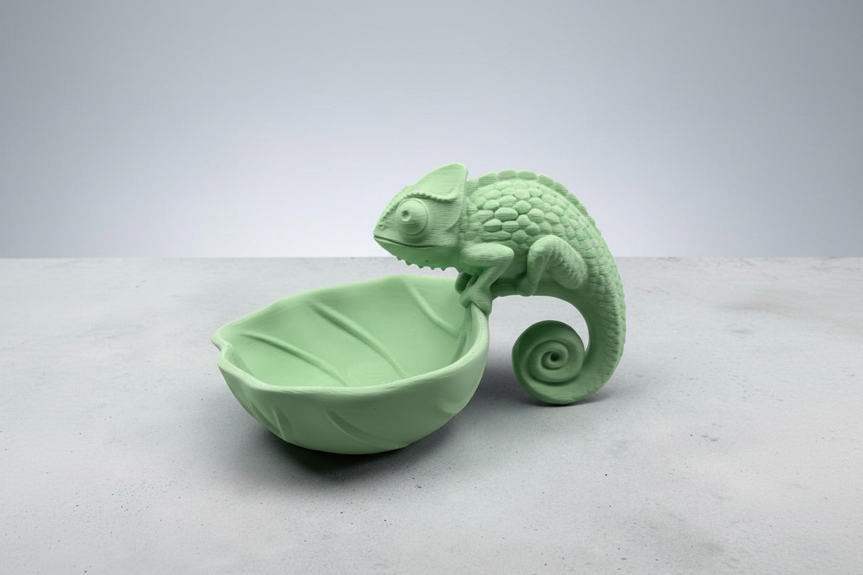 Vide-poche caméléon en impression 3D avec bol en forme de feuille verte pour rangement décoratif